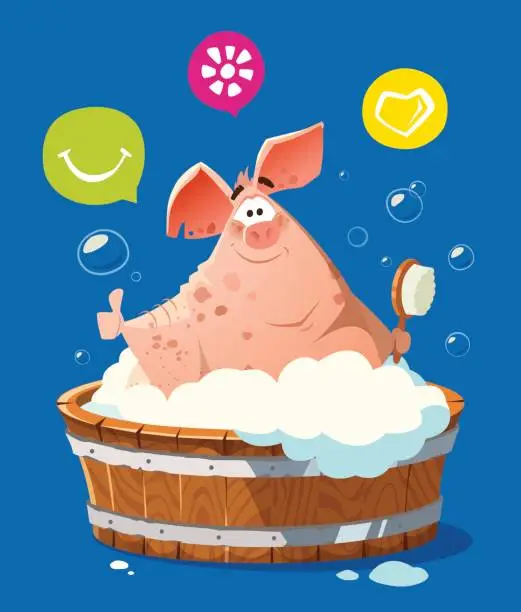 Vector illustration of happy smile pig in bath bathtub washing
