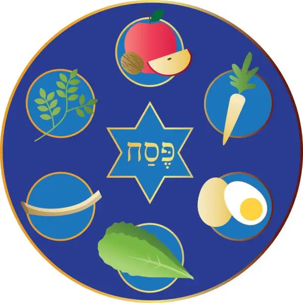 Vector illustration of blue passover plate with food