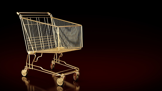 golden empty shopping cart isolated. 3D Rendering
