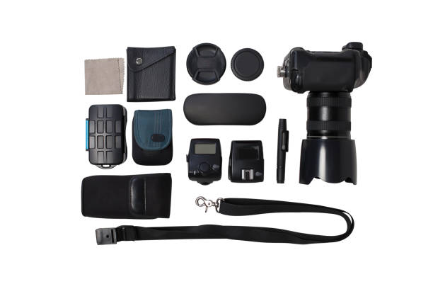 Photographer camera equipment on white background, top view. Professional digital photo technology concept. Tools for photographing business