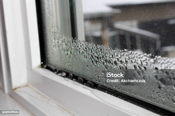 Water Condensation On Windows During Winter Stock Photo - Download Image Now - Window, Condensation, Wet