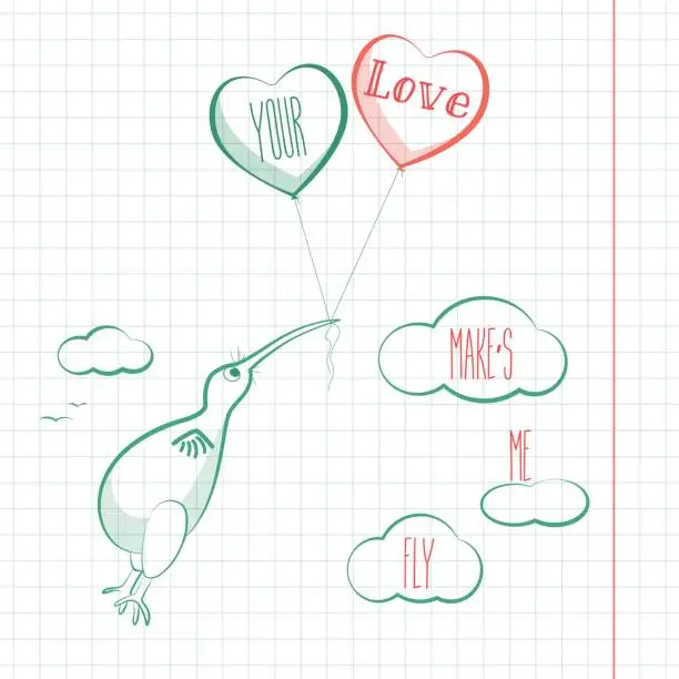 Vector illustration of Happy valentines day card with kivi bird, baloons and hearts. Valentine Love vector
