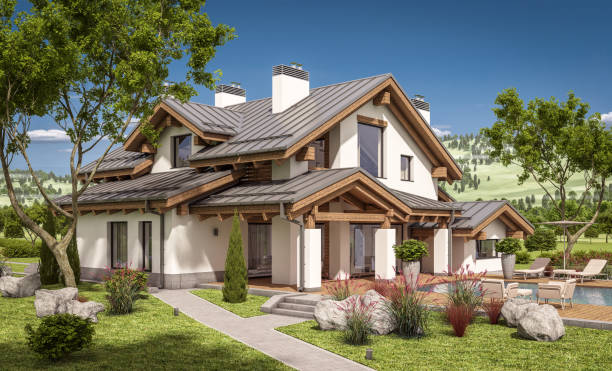istock 3d rendering of modern cozy house in chalet style 658156860