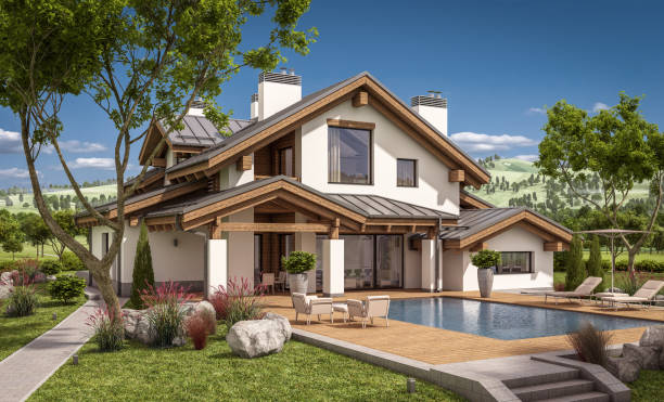 istock 3d rendering of modern cozy house in chalet style 658156864
