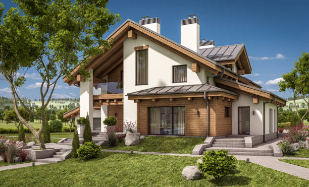 istock 3d rendering of modern cozy house in chalet style 658156874