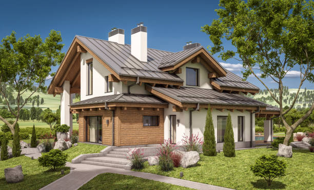 istock 3d rendering of modern cozy house in chalet style 658156888