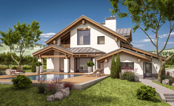 istock 3d rendering of modern cozy house in chalet style 658156890
