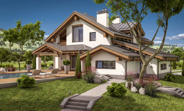 istock 3d rendering of modern cozy house in chalet style 658156908