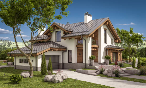 istock 3d rendering of modern cozy house in chalet style 658156920