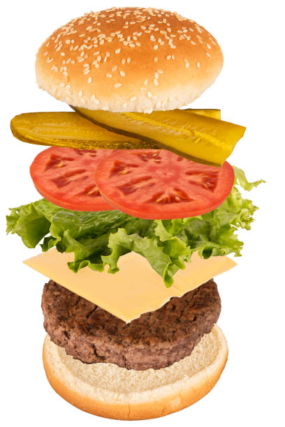 istock Flying burger ingredients isolated on white background. 658157478