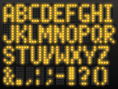 Alphabet of scoreboard letters and punctuation. Vector typeface for airport schedules, display, train timetables, scoreboard, variable message sign