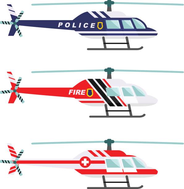 illustrazioni stock, clip art, cartoni animati e icone di tendenza di concetto di emergenza. illustrazione dettagliata dell'elicottero medico, della polizia e dei vigili del fuoco in stile piatto su sfondo bianco. illustrazione vettoriale - travel healthcare and medicine emergency services urgency