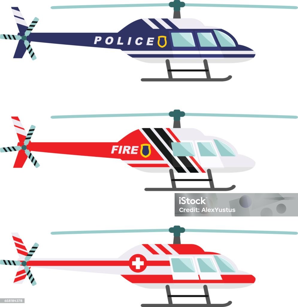 Emergency concept. Detailed illustration of medical, police and fire helicopter in flat style on white background. Vector illustration Detailed illustration of medical, police and fire helicopter in flat style on white background. First Aid stock vector