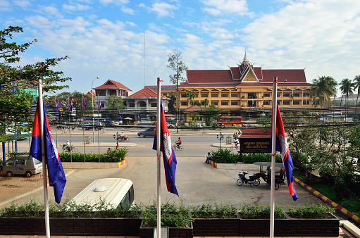SIEM REAP, CAMBODIA - DEC 28, 201:View on the city's main street in Siem Reap at morning. Siem Reap is Cambodia's main tourist cities, World Seven Wonders of Angkor Wat in Siem Reap.