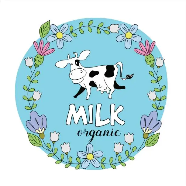 Vector illustration of Funny cow in a frame of wildflowers. Vector illustration. Milk and milk products logo.