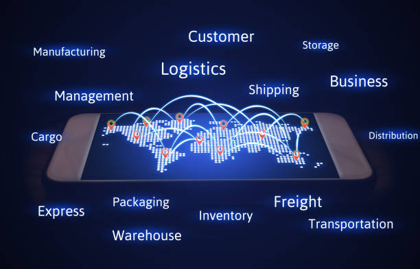 Logistics concept, world map with connecting transport and virtual screen. stock photo