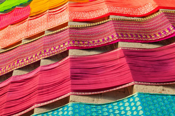 Varanasi, India - December 13, 2015 : Drying cloths at the ghats of Ganges River. Varanasi, Uttar Pradesh, India