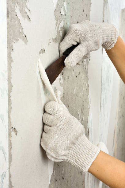 istock hands scraping off old wallpaper with spatula during repair 658192342