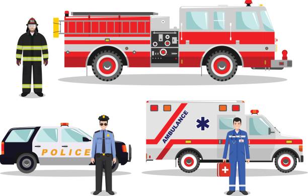 чрезвычайная концепция. детальная иллюстрация пожарного, врача, полицейского с пожарной машиной, машины скорой помощи и полицейской машин� - полицейский участок иллюстрации stock illustrations