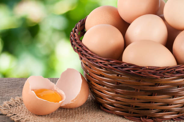 istock eggs in a wicker basket on a wooden board with blurred garden background 658201652