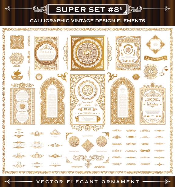 Calligraphic vintage elements. Vector baroque set Calligraphic frames and Border set. Vintage Gold vector crest elements.Flourishes illustration cards. Royal ornament page divider, menu, invitations, labels, Restaurant, Cafe, Hotel landscape design stock illustrations