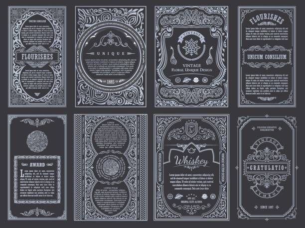 винтажный набор ретро-карт. шаблон поздравительная открытка свадебное приглашение. линейные каллиграфические рамки - frame ornate old fashioned shield stock illustrations