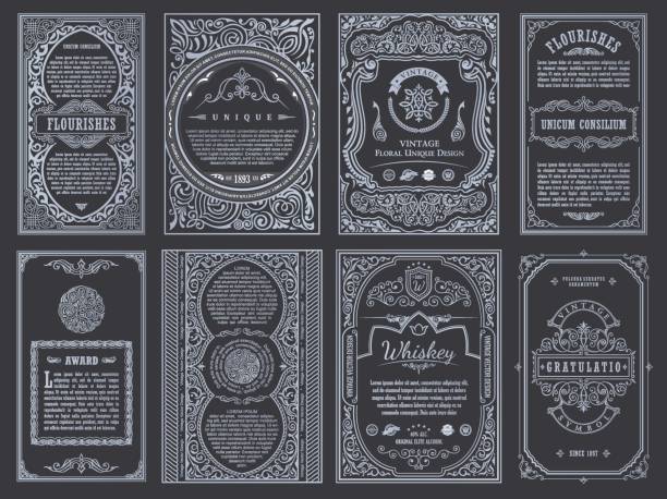 Vintage set retro cards. Template greeting card wedding invitation. Line calligraphic frames Vintage set retro cards. Template greeting card wedding invitation. Line calligraphic frames. Floral engraving design labels advertising place for text. Flourishes frame background victorian style stock illustrations