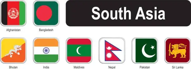 Vector illustration of Square flags of south Asia