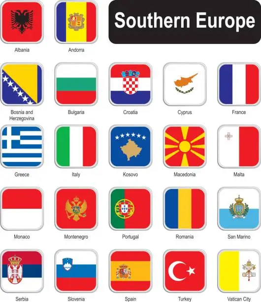 Vector illustration of Square flags of southern Europe