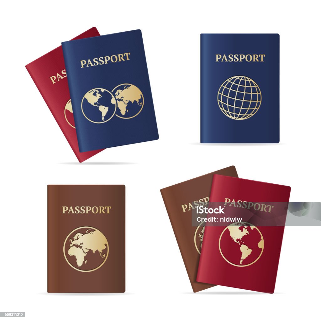 Sistema de pasaporte internacional realista. Vector de - arte vectorial de Carnet de identidad libre de derechos