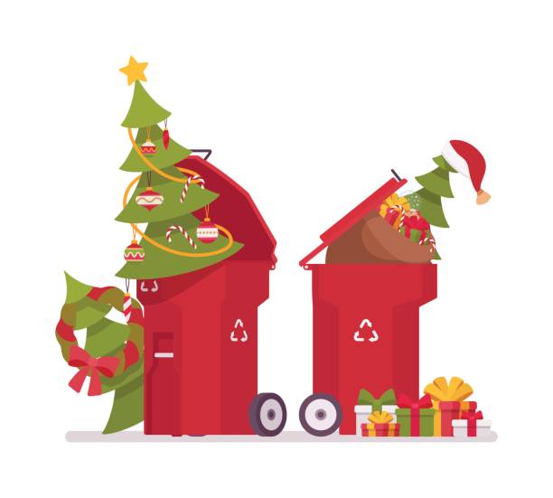 Trash bins with christmas trees, useless after holiday Red plastic trash bins with useless christmas tress with ornament and lights, dropping off the trees for recycling, pickup service, collection days for natural christmas trees, unfestive mood environmental cleanup stock illustrations