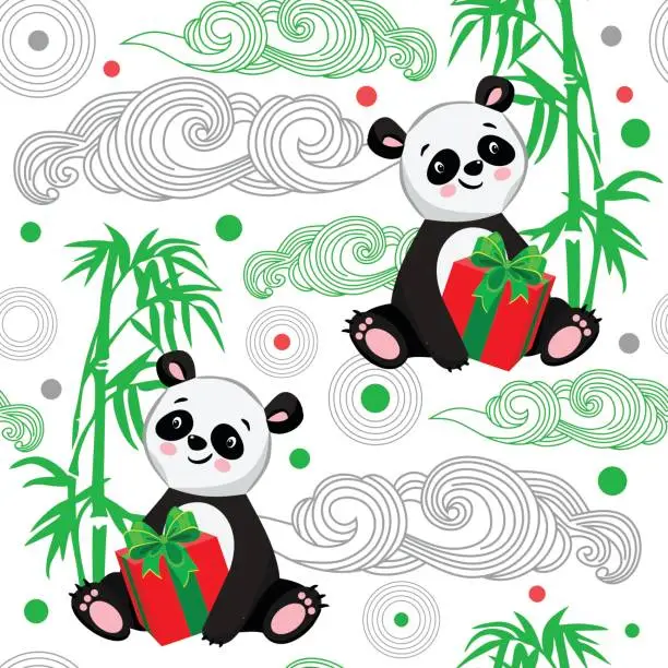 Vector illustration of Seamless baby pattern with the Panda and cane