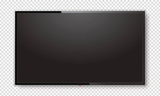 Realistic TV screen mock up Realistic TV screen. Modern stylish lcd panel, led type. Large computer monitor display mockup. Blank television template. Graphic design element for catalog, web site, as mock up. Vector illustration television set stock illustrations