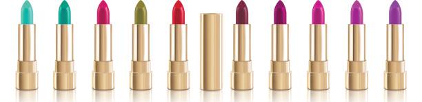 istock Beautiful red cosmetic lipstick set in different colors with lid in gold. Makeup realistic cosmetic vector isolated on white. 658239860