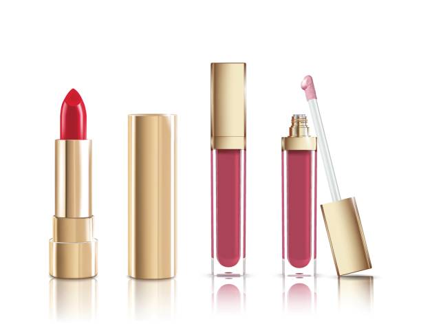 istock Beautiful red cosmetic lipstick and liquid lip gloss in gold. Makeup realistic cosmetic vector isolated on white. 658240072