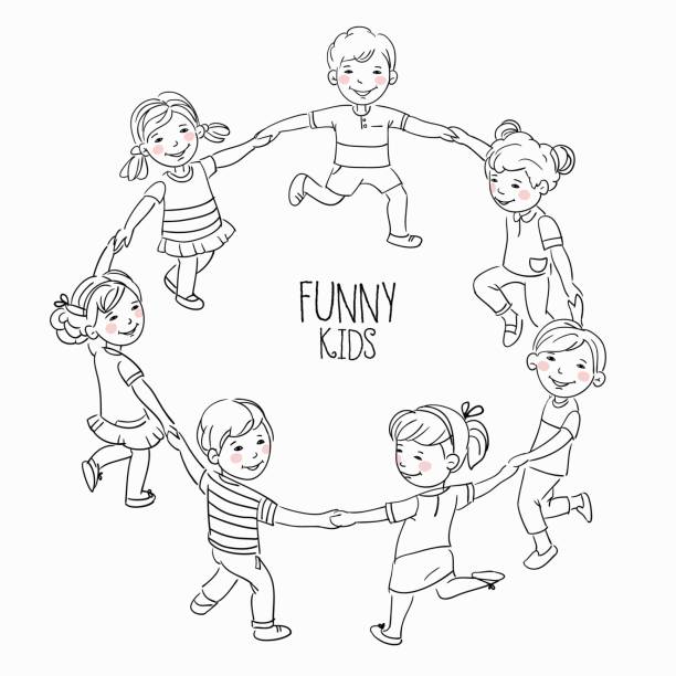 행복 한 아이 손을 잡고 춤과 원 - child jumping white background small stock illustrations