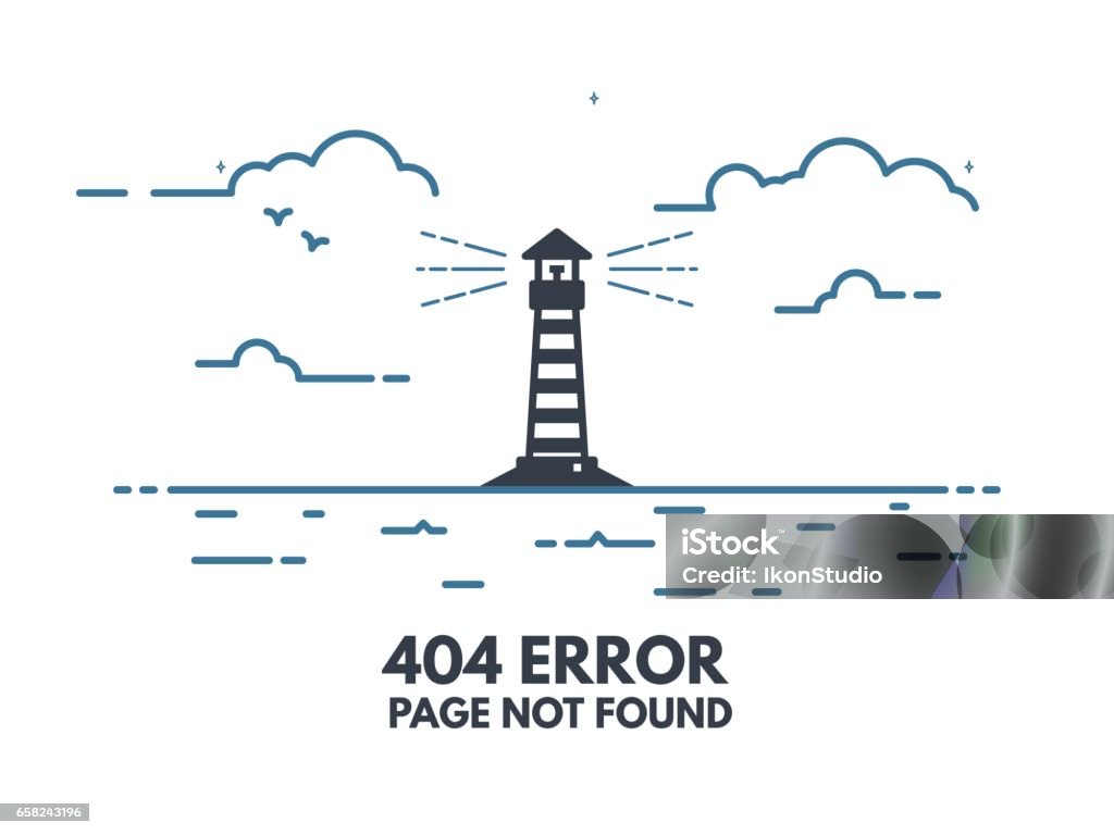 Light house 404 404 error page flat line concept. Link to a non-existent page. Lighthouse with rays of light in the sea shore, clouds, waves. 404 page not found design tamplate. Lighthouse stock vector