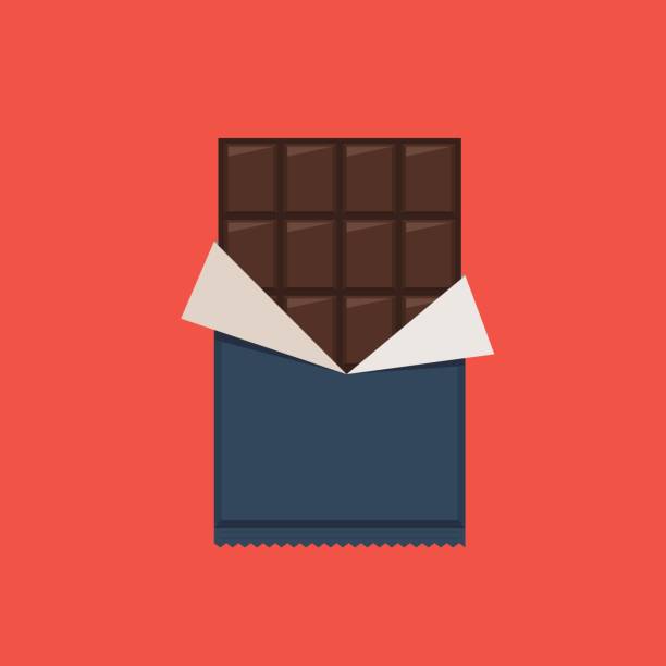 Chocolate bar, polyethylene wrap Chocolate bar, polyethylene wrap. Vector illustration in flat style on red background chocolate bar stock illustrations