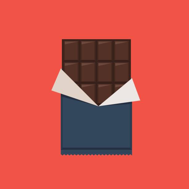 Chocolate bar, polyethylene wrap Chocolate bar, polyethylene wrap. Vector illustration in flat style on red background pics of a bewitched stock illustrations