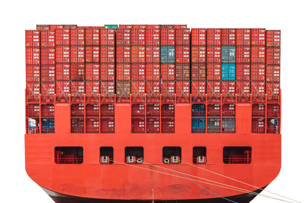 istock Back of a red container ship in a harbor isolated on white 658247150