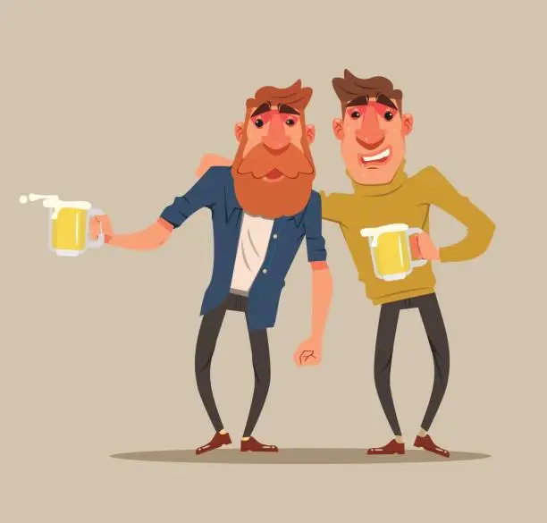 Vector illustration of Two drunk friends men characters have fun