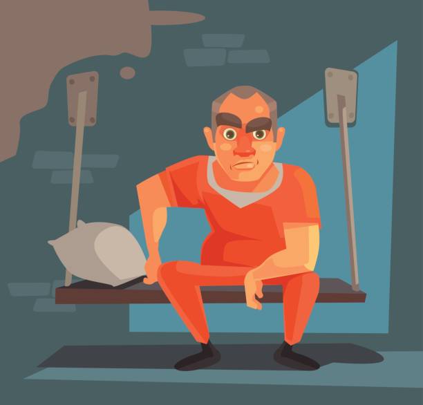 Prisoner man character in prison Prisoner man character in prison. Vector flat cartoon illustration person sitting on fence stock illustrations
