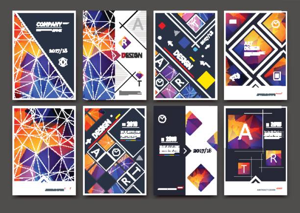 Abstract bright binder art. Patch color a4 brochure cover design. Blurb info banner frame. Elegant ad flyer text font. Title sheet model set. Fancy vector front page. Low polygonal square figures icon Abstract bright binder art. tetragon stock illustrations