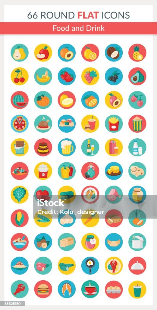 Food Round Icons Set of food icons. It includes fruit, vegetables, first dishes, main dishes, fast food,drinks. Set can be used in various fields of cooking. Restaurants, menus, web application,infographics and other. Wine stock vector