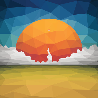 Abstract vector illustration of triangles. Red rocket flies into space. Start up concept vector of triangles.