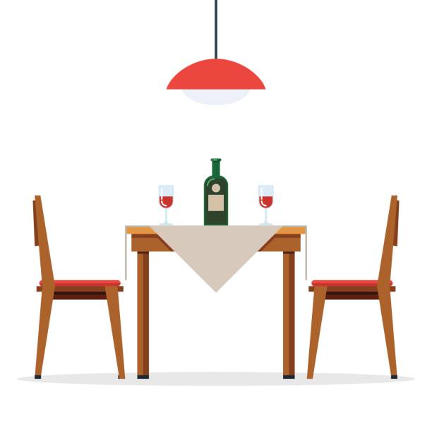 ilustraciones, imágenes clip art, dibujos animados e iconos de stock de mesa de comedor y sillas con vino - dining table illustrations
