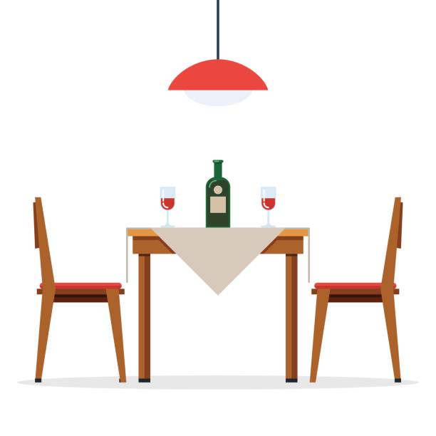 Dining table and chairs with wine Dining table and chairs for two people. Bottle of wine and two glasses. Vector illustration in flat style isolated on white background round wooden chair stock illustrations