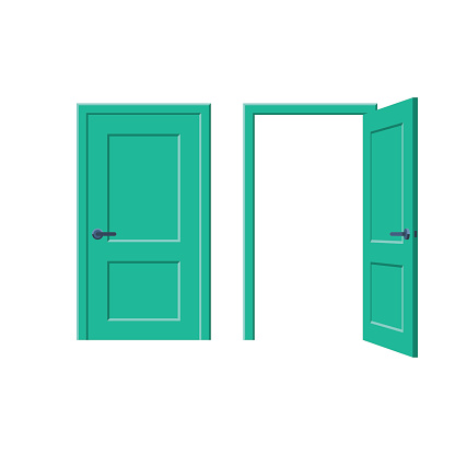 Doors closed and open. Vector illustration in flat style design, isolated on white background