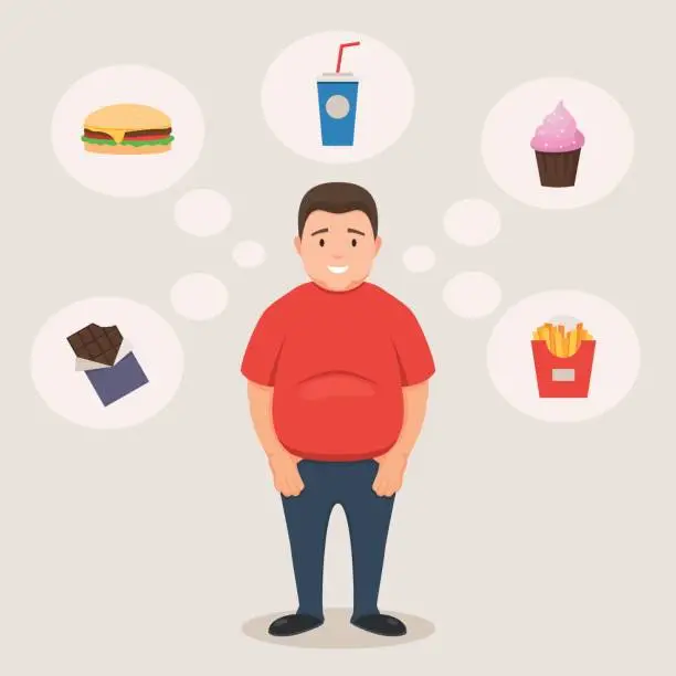 Vector illustration of Fat man smiles and unhealthy food