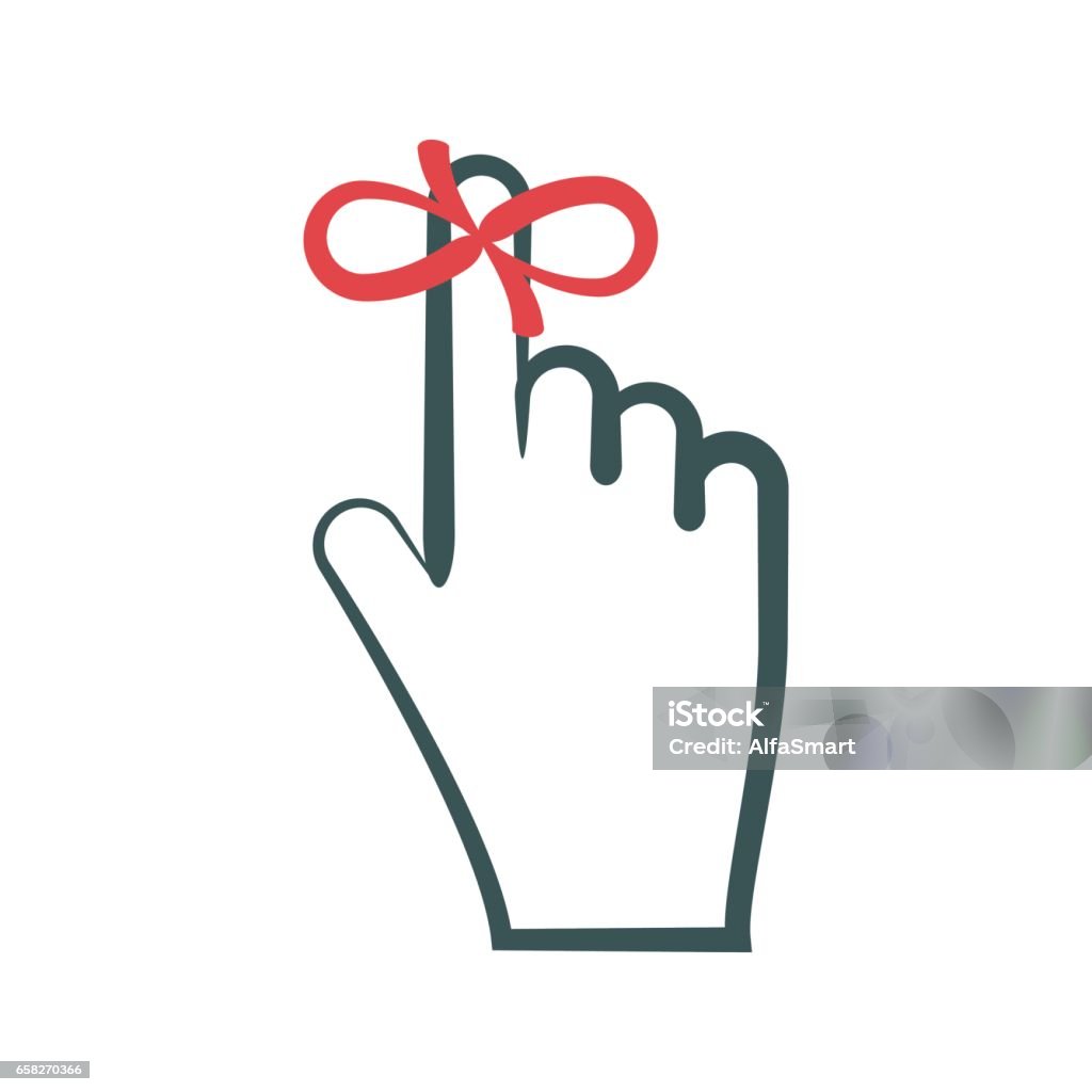 Simbolo di promemoria. Nastro rosso (stringa) legato al dito - arte vettoriale royalty-free di Promemoria